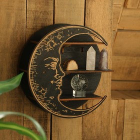 Resim 1 Adet Ay Şeklinde Ahşap Kristal Sergi Rafı - Küçük Süsler, Kristaller ve Hatıralar için Vintage Duvara Monte Dekoratif Raflık - Yatak Odası ve Ev Dekoru İçin Mükemmel, Yatak Odası Dekor Rafı | Ay Fazı Tasarım | Dekoratif Oyma, Ay Dekoru 