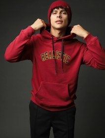 Resim Koyu Kırmızı Kapüşonlu Nakışlı Oversize Pamuk Sweatshirt 