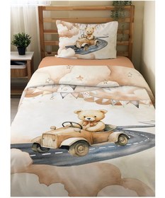 Resim Evmila Yarışçı Ayıcık Desenli Nevresim Takımı - 160x220cm Nevresim +50x70cm Yastık Kılıfı+90x190cm Çarşaf 