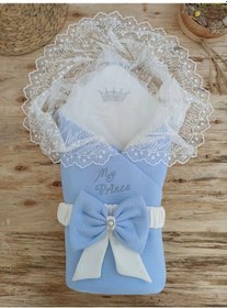 Resim Bal Peteği My Prince Taç Nakışlı İnci Fiyonklu Dantel Duvaklı Delüks Kundak Bebek Battaniyesi Mavi Çok Renkli 