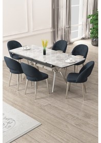 Resim Canisa Weps Serisi 89x150 Açılabilir Lak Panel Rampla Gri Krom Ayak Masa Takımı Ve 6 Antrasit Sandalye Rampla Gri Masa Antrasit Sandalye Krom Ayak 