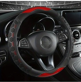 Resim Xuweiwei 15 İnç Pu Deri Direksiyon Kılıfı - Nefes Alabilir Kaymaz Kırmızı Dikişli Karbon Desenli Red - 