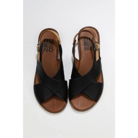 Resim Bueno Shoes Siyah Bej Deri Kadın Düz Sandalet 