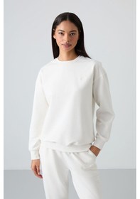Resim Tommy Life Ekru Basic Pamuklu O Yaka Oversize Lastik Paça Kadın Eşofman Takım - 95287 Ekru 