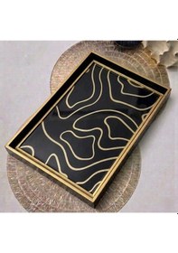 Resim Modern Soyut Desenli Siyah-gold Çerceveli Dekoratif Sunum Tepsisi 