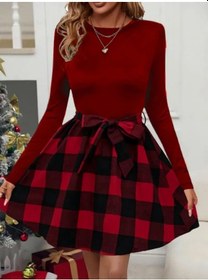 Resim Nnstartshopping Kadın Uzun Kollu Bisiklet Yaka Üst Viskon Alt Ekose Kısa Elbise Kırmızı 