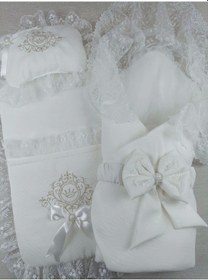 Resim Yenidoğan Bambu Taç Nakışlı Kundaklı Trilüks 3lü Alt Açma Seti Ekru 