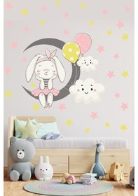 Resim Pembe Sevimli Tavşan Ve Ay Çocuk Odası Duvar Sticker 