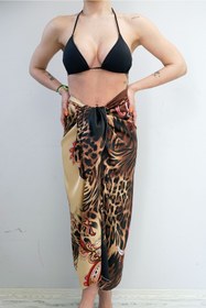 Resim pistore Kahverengi Leopar Desenli Uzun Pareo Kadın Plaj Elbisesi Yeni Sezon 