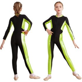 Resim Kızlar Dans Unitard Paten Tulum Tek Parça Uzun Kollu Bodysuit Jimnastik Leotard Floresan Yeşil 
