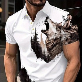 Resim Erkek Hafif Nefes Alabilen Golf Gömleği 3D Kurt Baskısı ile - Rahat Kısa Kollu, Polyester Kumaş, Yaz Sporları ve Rahat Giyim için Mükemmel, Golf Gömleği 