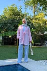 Resim Bipantolon Kadın Pembe Bağlama Detaylı Flam Keten Kimono 