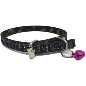 Resim Siyah Üzeri Gümüş Çizgi Desenli Deri & Zilli Kedi Tasması 