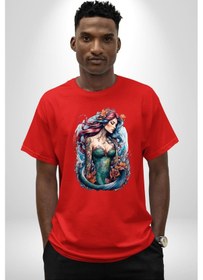 Resim Deniz Kızı Çiçek Pamuklu Bisiklet Yaka Unisex Oversize Boyfriend Dijital Baskılı Kırmızı T-shirt Kırmızı 