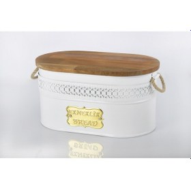 Resim Evistro Metal Ekmeklik Ahşap Kapaklı Hasır Kulplu Ekmek Kutusu Beyaz 