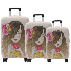 Resim My 67 Kahve İçen Kız Valiz Kılıfı / Bavul Koruyucu Örtüsü Büyük, Orta, Kabin Boy Set Bej 