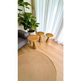 Resim Şık Tik Ağacı Renk Ahşap Mantar Sehpa 3lü Doğal Zigon Fiskos Takımı 