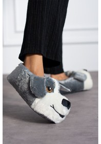 Resim Albishoes Sevimli Köpek Figürlü Gri Peluş Yumuşak Taban Ev Panduf 001 