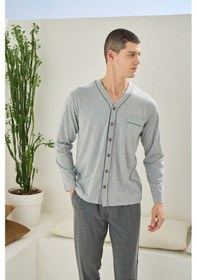 Resim Kly Erkek Dört Mevsim Battal V Yaka Boydan Düğmeli Pijama Takımı-gri Melanj-3xl Çok Renkli 