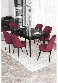 Resim Canisa Kor Serisi, Siyah Mermer Desen 70x114 Açılabilir Yemek Masası Takımı, 6 Sandalye Masa Siyah Mermer Desen Sandalye Bordo 