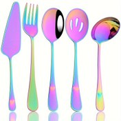 Resim 5 parçalı Renkli Paslanmaz Çelik Yemek Takımı, Çorba Kaşığı, saç tokası, Salata Çatalı, Pasta Sunucusu, Mutfak ve Yemek Masası Yemek Takımı, Ev Kullanımı İçin Dayanıklı Metal Eşyalar 