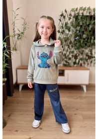 Resim Turuncu Gardrop 3-10 Yaş Stitch Kadife Kız Çocuk Takım Haki Haki 