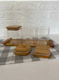 Resim 3 Lü Bambu Standlı Kare Kavanoz Seti Baharatlık Seti Baharatlık Bambu 