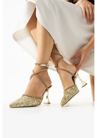 Resim Duxal Shoes Hector Cam Kırıntıları Bilekten Dolamalı Topuklu Ayakkabı Altin 
