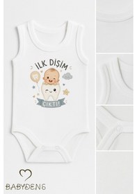 Resim Babyden's İlk Dişim Çıktı Baskılı Kolsuz Bebek Body %100 Pamuk Unisex Diş Buğdayı Konsept Çıtçıtlı Zıbın Beyaz 