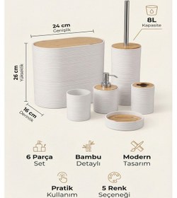 Resim Makri Home 6 Parça Beyaz Banyo Seti, Bambu Detaylı, 8l Çöp Kovası 24x26x16 Cm 