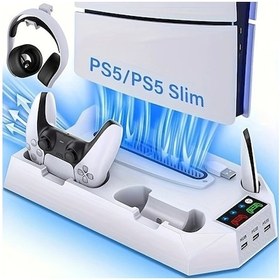Resim Tianchishop Ps5 Slim Standı Ve Soğutma İstasyonu Beyaz Dualsense Şarj Fan Usb Port Dikey Tasarım 