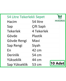Resim Tekerlekli Plastik Market Alışveriş El Sepeti 54 Litre Mavi 10 Adet 