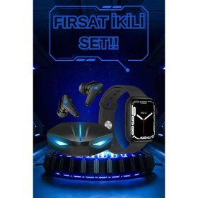 Resim Yeni Nesil Akıllı Saat ve Kablosuz Kulaklık Kampanyası Ikili Set Bluetooth Bağlantılı 