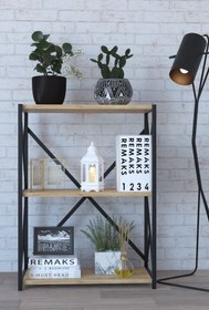 Resim Remaks 3 Raflı Metal Kitaplık Dergi Rafı Modern Raf Gazetelik - Meşe 