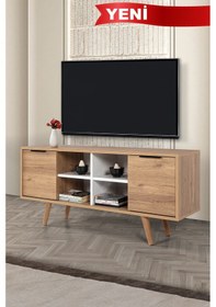 Resim 3321 Sina 130 Cm Ahşap Ayaklı , Metal Kulplu Tv Ünitesi , Sepet - Beyaz , Tv Sehpası , Salon Diğer 