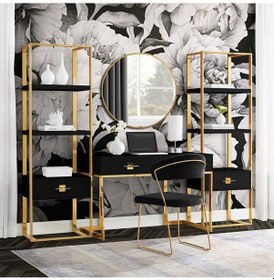 Resim Rihanna Gold Metal Siyah Çalışma Masası Ve 2 Adet Kitaplık 