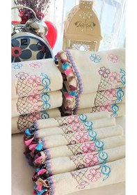 Resim Çeyizlik Kanaviçe Çiçek Desenli Püsküllü Bukle Lüks Mutfak Havlu Seti 30x50 6'lı Set Krem 