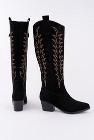 Resim Muggo TEXAS Sivri Burun Nakışlı Kalın Topuklu Kadın Kovboy Western Çizme 