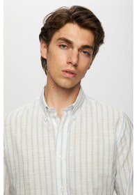 Resim Ds Damat Slim Fit Açık Mavi Çizgili Düğmeli Yaka %100 Pamuk Flamlı Yazlık Keten Görünümlü Gömlek 0HC02ORT06265 Açık Mavi 