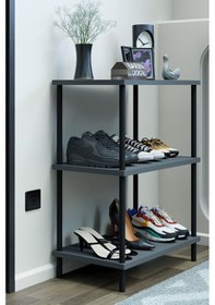Resim 3 Katlı Ayakkabılık Raf - Çevir Tak Sistemli Kolay Kurulum Metal Gövde Ahşap Raflı Organizer Antrasit 