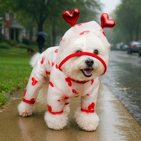 Resim 1 adet Sevimli Kalp Desenli Köpek Yağmalı - Kırmızı Kalpli, Dayanıklı TPU Kaplama ile Ayarlanabilir Kapüşlu Dört Bacaklı Evcil Yağmalı, Küçük Köpekler için Yağmurluk Koruma, Köpekler için Yağmurluk, Eğlenceli Tasarım, Güvenli Uygun Tasarım, Küçük Köpekler için Yağmurluk 