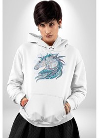 Resim At Mandala Kafası Kadın Erkek Beyaz Kapüşonlu Sweatshirt Hoodie Beyaz 