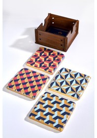 Resim Geometrik Desen Altın Varaklı 4'lü Traverten Bardak Altlığı Çok Renkli 