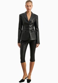 Resim Cinched Waist Leather Blazer Kadın Ceket - Siyah / XL 
