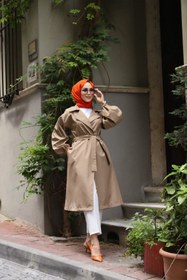 Resim Vibeys Collection Bej İçi Çizgili Balon Kol Kadın Trençkot 