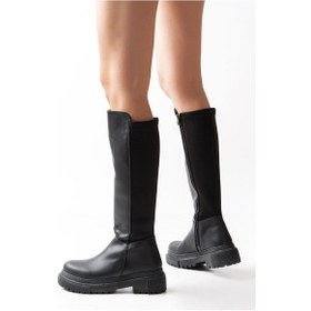 Resim 812-305 Siyah Arkası Streç Fermuarlı Günlük Kadın Çizme-a Siyah Cilt Siyah 