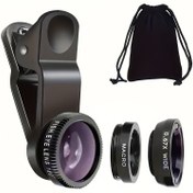 Resim 3'ü 1 arada Akıllı Telefon Kamera Lensi Kiti - Evrensel Klipsli, Geniş Açı, Makro Lens, Alüminyum Alaşım, Taşıma Çantası Dahil, Mobil Telefon Aksesuarları|Sleek Black|Dayanıklı İnşaat 