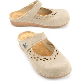 Resim Gezer Yazlık Kadın İç Tabanı Hakiki Deri Cırt Cırtlı Terlik Krem 