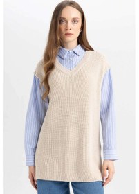 Resim DeFacto Regular Fit V Yaka Yandan Yırtmaçlı Triko Süveter Tunik D1243AX24WNBG646 Bej 
