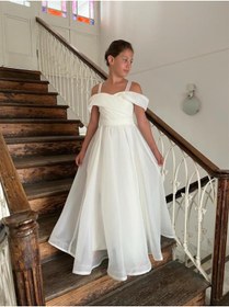 Resim BUTİKHAPPYKİDS Kız Çocuk Uzun Beyaz Askılı Şifon Abiye Elbise 10-15 Yaş 
